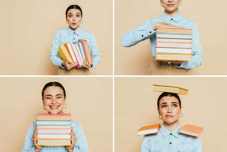 collage of student in denim shirt with books on beigeの写真素材