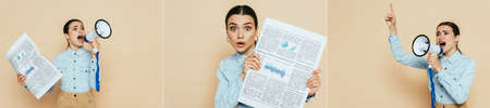 brunette woman in denim shirt with business newspaper and megaphone isolated on beige, panoramic shotの写真素材