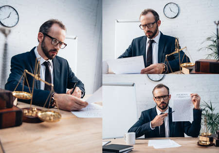 collage of businessman in glasses looking at insurance policy documents near scales and books in...