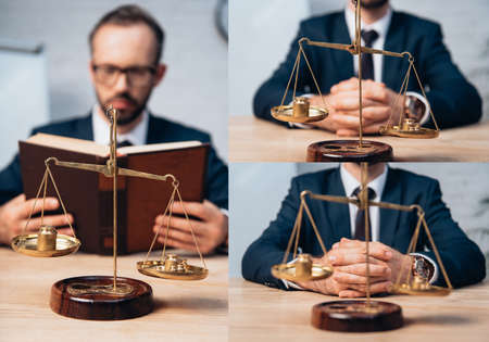 collage of bearded lawyer holding book and sitting with clenched hands near golden scalesの写真素材