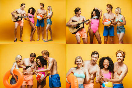 collage of multicultural friends in summer outfit with guitar, champagne glasses, inflatable ball...