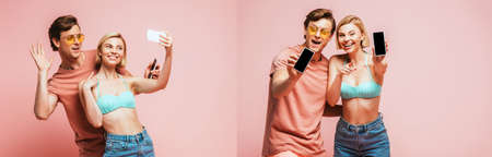 Collage of couple in swimsuit and sunglasses having video call and showing smartphones on pink...