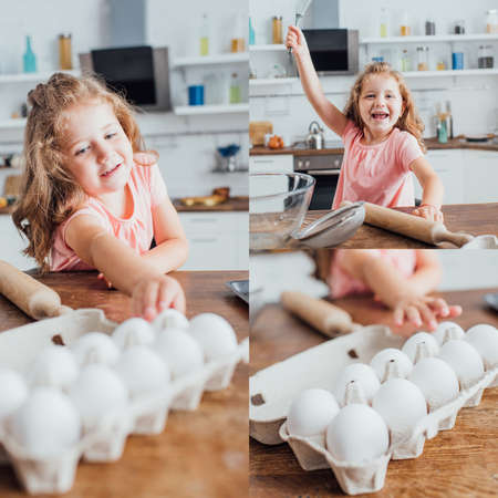 collage of little girl holding sieve and taking eggs while cooking in kitchen, selective focusの写真素材