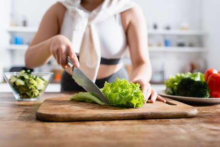cropped view of woman cutting fresh lettuce on chopping boardの写真素材