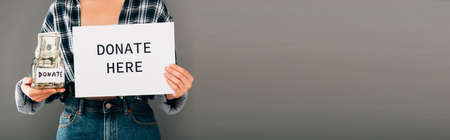 cropped view of woman holding card with donate here lettering and jar with money on gray background, panoramic shotの写真素材