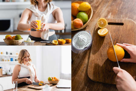 collage of woman cutting orange near juicer and holding glass with orange juiceの写真素材