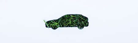 Panoramic shot of grass in car symbol on white background, ecology conceptの写真素材