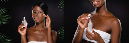 collage of african american woman holding bottle with serum near green palm leaves isolated on black, panoramic shotの写真素材