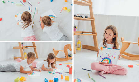 collage of siblings drawing with felt pens near building blocks, and girl showing drawing while sitting on floorの写真素材