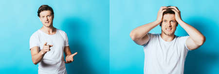 Collage of angry man pointing with finger at camera on blue backgroundの写真素材