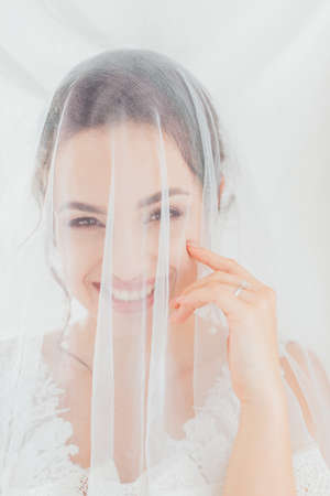 Bride in veil looking at camera on white backgroundの写真素材