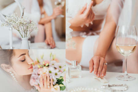 Collage of bride holding bouquet and touching hairpin near glass of wine and perfume on coffee tableの写真素材