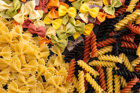 top view of various raw colorful Italian pastaの写真素材