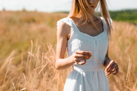partial view of young woman in white dress holding spikelet while standing in grassy meadowの写真素材