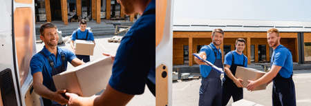 Collage of movers holding cardboard boxes and clipboard near truck on urban streetの写真素材