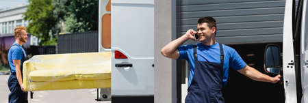 Collage of loaders holding couch and talking on smartphone near truck on urban street