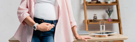 panoramic crop of pregnant woman touching tummy at homeの写真素材