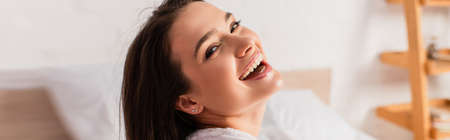 panoramic crop of young and brunette woman looking at camera at home