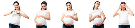 collage of pregnant woman holding wooden cubes with baby lettering, touching belly and head isolated on whileの写真素材