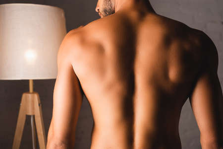 Back view of shirtless man standing at homeの写真素材