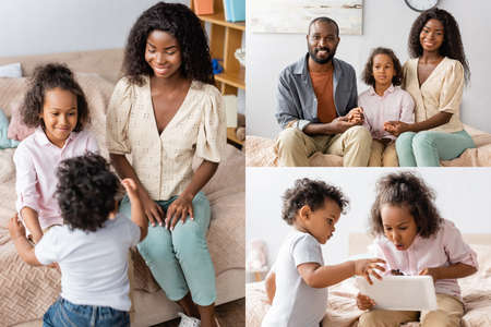 collage of african american family sitting in bedroom, using digital tablet and looking at cameraの写真素材