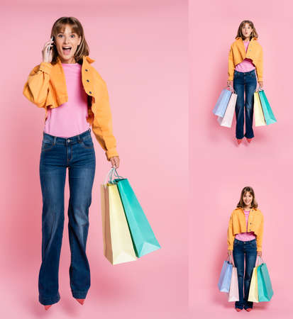 Collage of young woman talking on smartphone and jumping while holding shopping bags on pink...