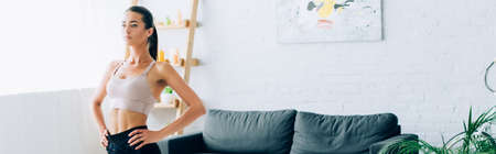 Panoramic shot of brunette sportswoman with hands on hips looking away in living roomの写真素材