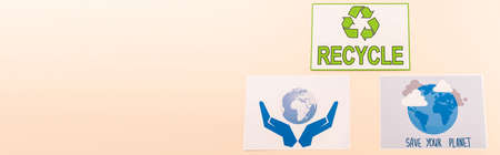 top view of ecological placards isolated on beige, panoramic shot