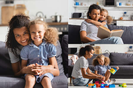collage of african american nanny and girl reading book, playing with colorful building blocks and looking at cameraの写真素材