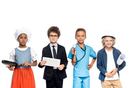 multicultural children in costumes of different professions holding blueprint, frying pan,...