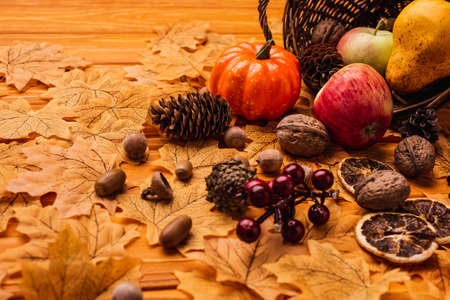 autumnal decoration and food scattered from wicker basket on golden foliage on wooden background