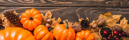 top view of autumnal decoration and pumpkins on brown wooden background, panoramic shotの写真素材