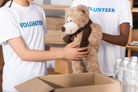 Cropped view of multicultural volunteers holding soft toy near carton box and bottles of water in charity centerの写真素材