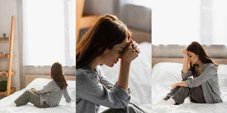 collage of depressed brunette woman with closed eyes touching head and sitting on bed in bedroomの写真素材