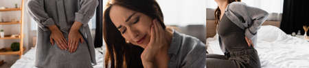 collage of brunette woman suffering from toothache and back pain at home