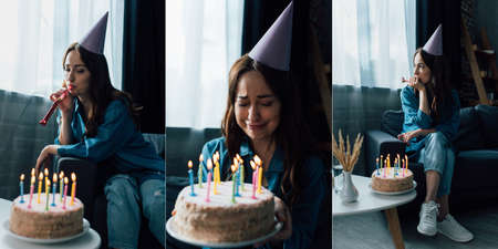 collage of sad woman blowing party horn, sitting on sofa and crying near birthday cakeの写真素材