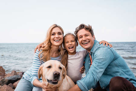 Family with golden retriever looking at camera while embracing on beachの写真素材