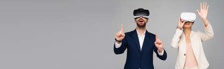 website header of businesspeople in vr headsets gesturing like touching something isolated on gray