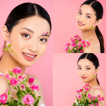 Collage of asian woman looking at camera with flowers on face and near shoulder isolated on pinkの写真素材