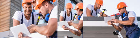 Collage of builders in uniform using digital tablet while working on roof of building