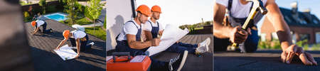 Collage of builders looking at blueprint and repairing roof of building