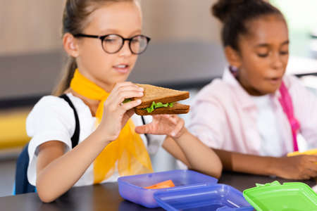 selective focus of schoolgirl in eyeglasses holding sandwich near african american classmate in school eateryの写真素材