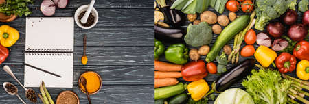 collage of fresh colorful vegetables, spices and blank notebook on wooden surfaceの写真素材