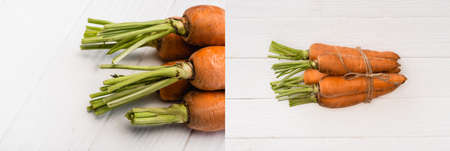collage of fresh carrots tied with rope on white wooden table