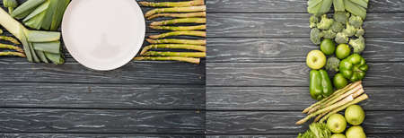 collage of fresh green fruits and vegetables on wooden surfaceの写真素材