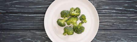 top view of fresh broccoli on plate on wooden surface, panoramic shotの写真素材