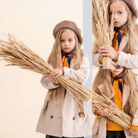 collage of fashionable blonde girl in autumn outfit with wheat spikesの写真素材