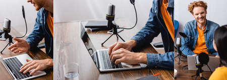 collage of broadcaster speaking in microphone, using laptop and talking to guest in radio studio,...