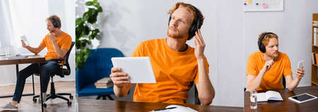 collage of thoughtful student in wireless headphones using digital tablet while sitting at desk at...
