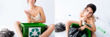 collage of woman sitting near rubbish and trash bin with recycle sign while holding flower on white, ecology conceptの写真素材